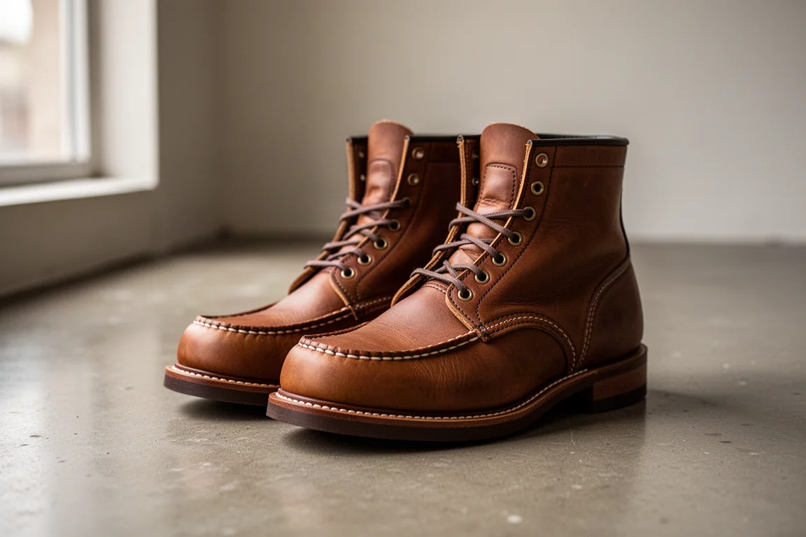 Botas de trabajo de piel marrón con puntera tipo moc sobre el suelo de hormigón de un taller