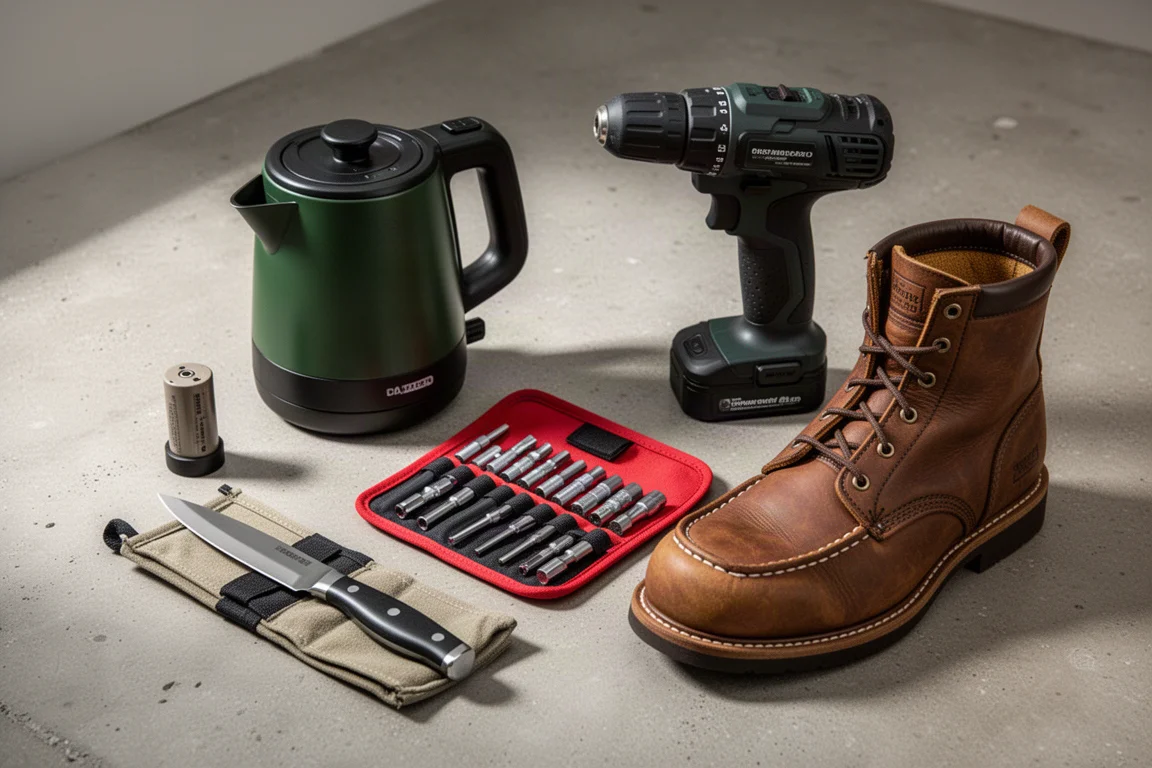 Six tested workshop and everyday products arranged on a concrete surface