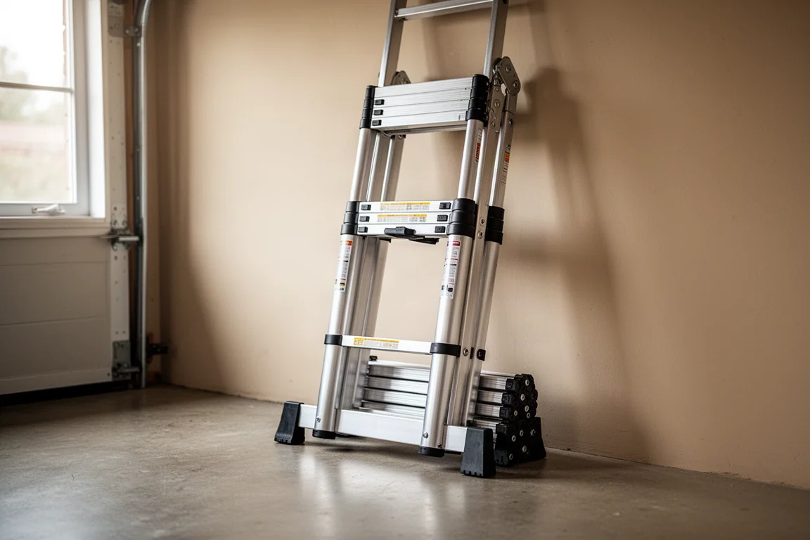 Escalera telescópica compacta de aluminio extendida contra una pared de garaje