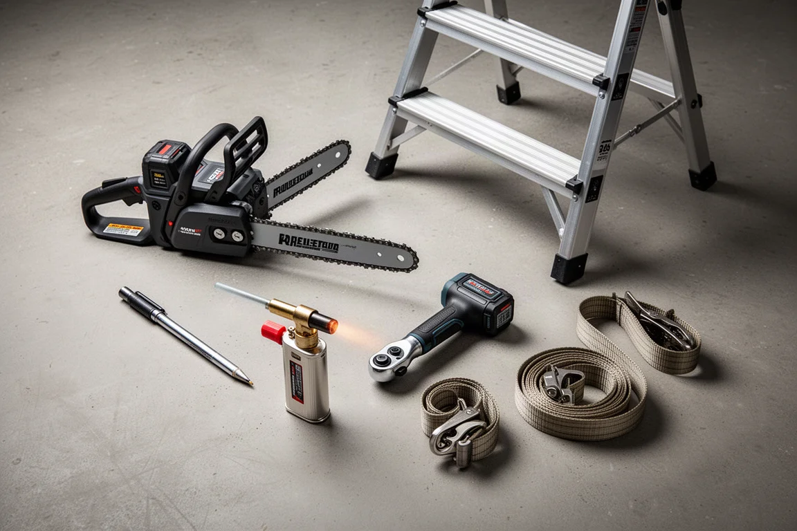 Assortment of viral tools including a chainsaw, ladder, ratchet wrench and straps arranged on concrete