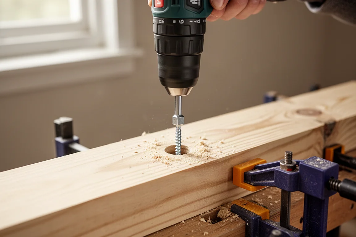 Zwinge presst einen Innensechskant-Schrauber in eine Weichholz-Bohle 2x4 auf einer Werkbank