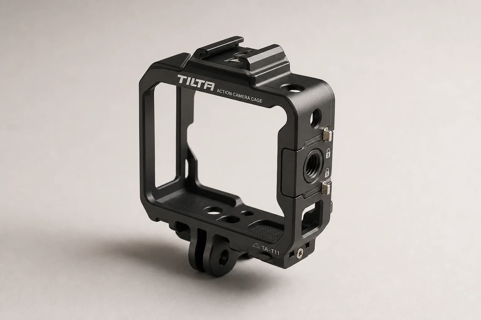 DJI Action 5 Pro in Tilta metal cage with side handle, phone mount, and ND filter