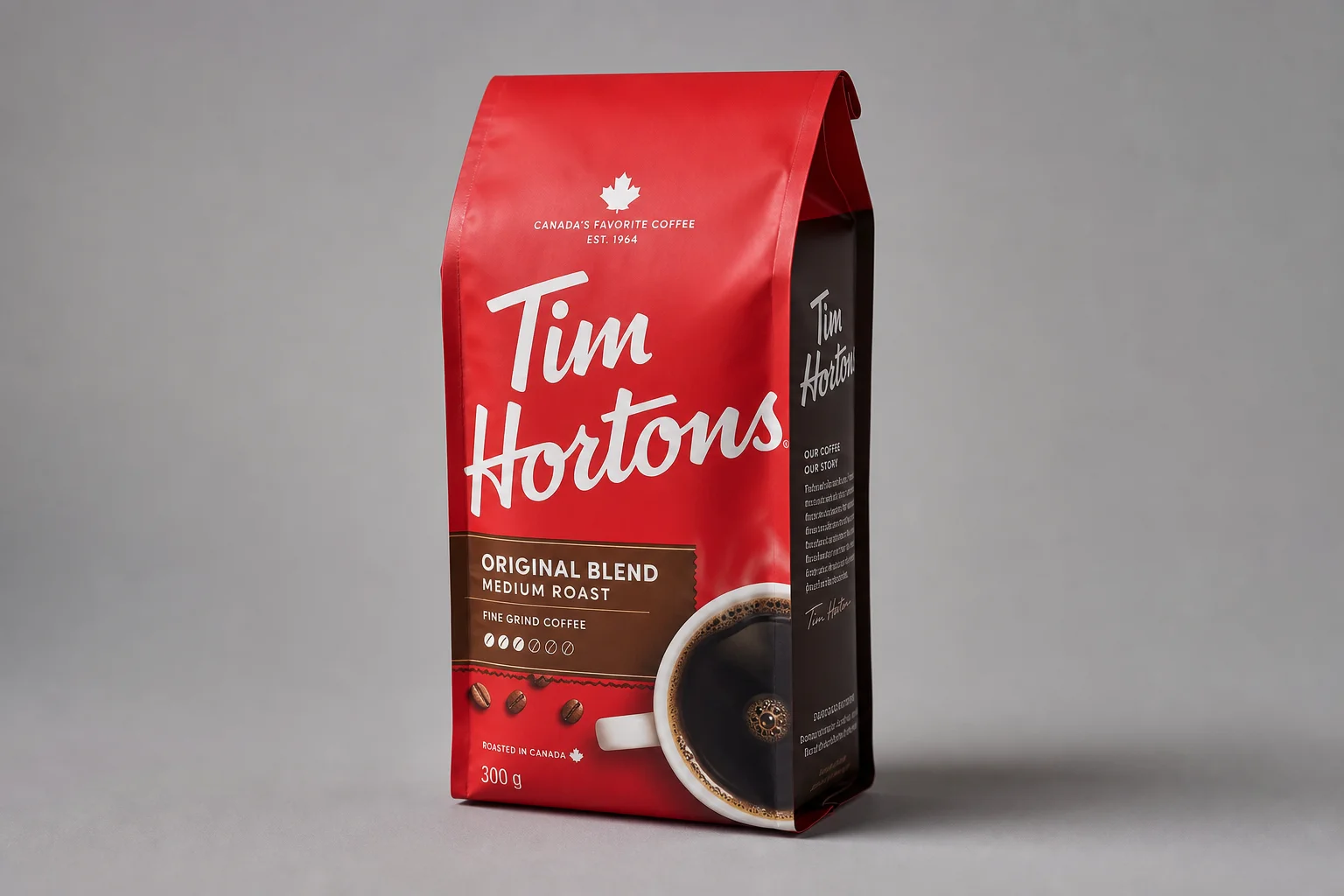 Five grocery store coffee brand bags arranged on concrete surface
