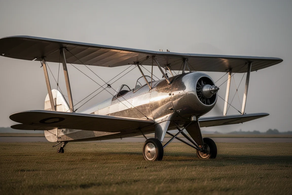 Vintage-style metal tailwheel aircraft with wire-braced wings parked on a grass airstrip