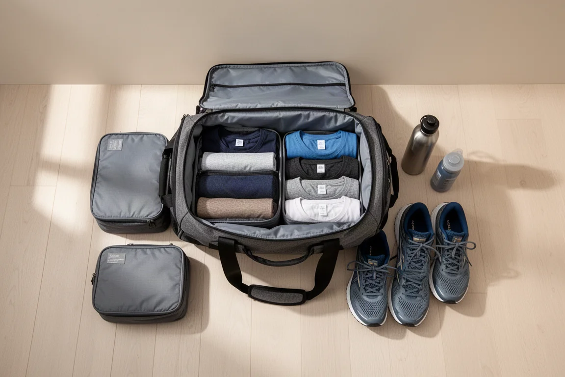 Bolsa de viaje equipada sobre un suelo de madera junto a cubos organizadores y zapatos