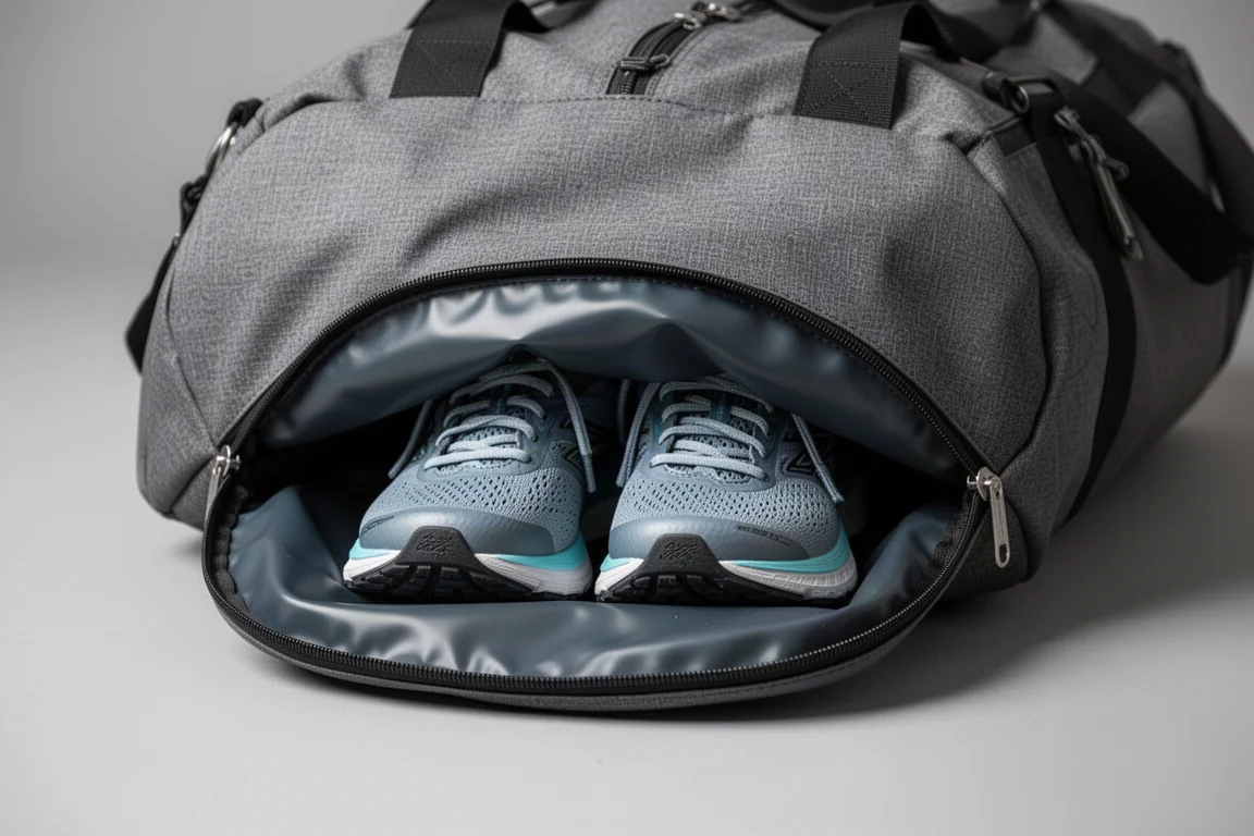 Compartimento resistente al agua para calzado en la parte inferior de una bolsa que contiene unos zapatos de running