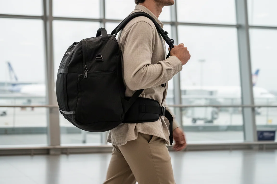 Viajero cargando una gran bolsa como mochila con el cinturón lumbar plegable abrochado