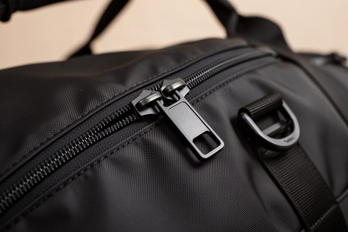 Primer plano de cremalleras YKK y hebillas de plástico en el compartimento principal de una bolsa de viaje