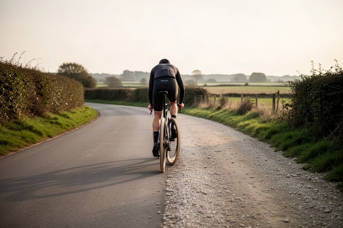 Ciclista che pedala su una bici da strada su un'ampia superficie mista di ghiaia e asfalto in una luce soffusa