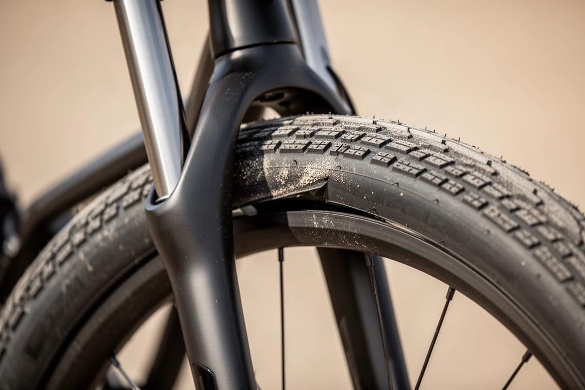 Vista di dettaglio dello spazio tra un copertone da strada largo e la forcella di un telaio per bici