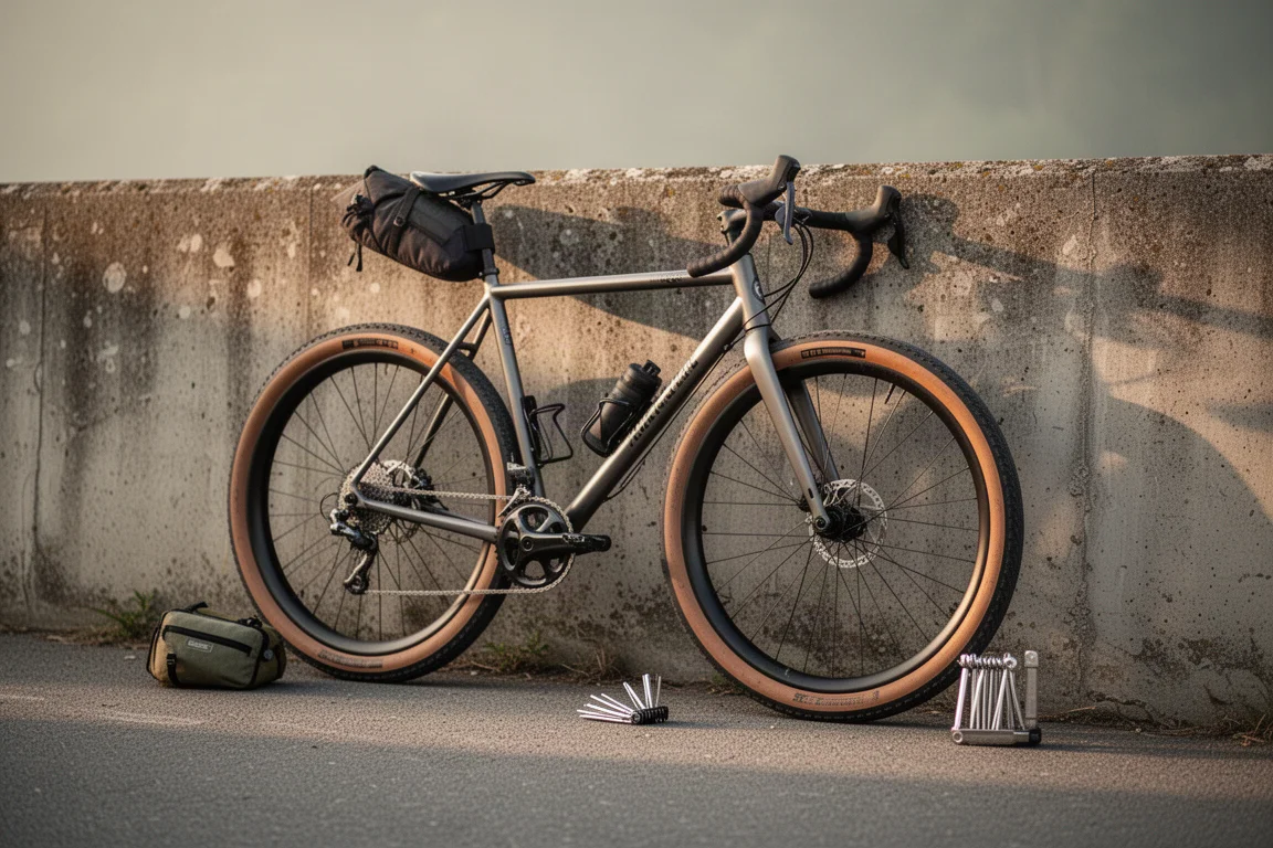 Bici da strada appoggiata a un muro durante una sosta sul bordo strada, con attrezzi e borsa sottosella nelle vicinanze