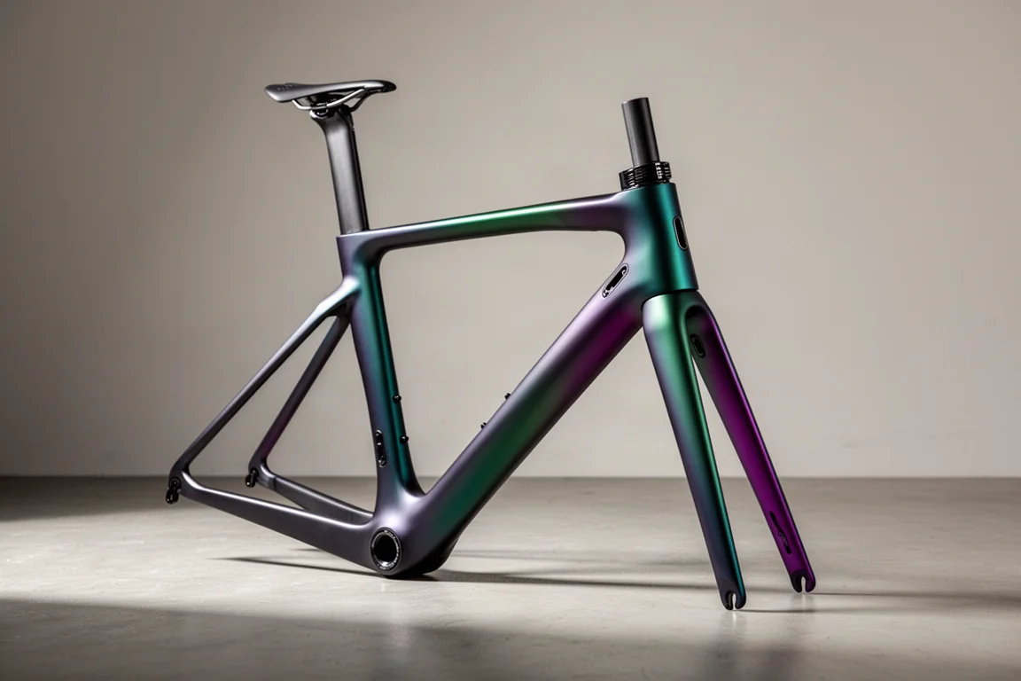 Frameset per bici da strada in carbonio con finitura flip-paint iridescente su una superficie in cemento