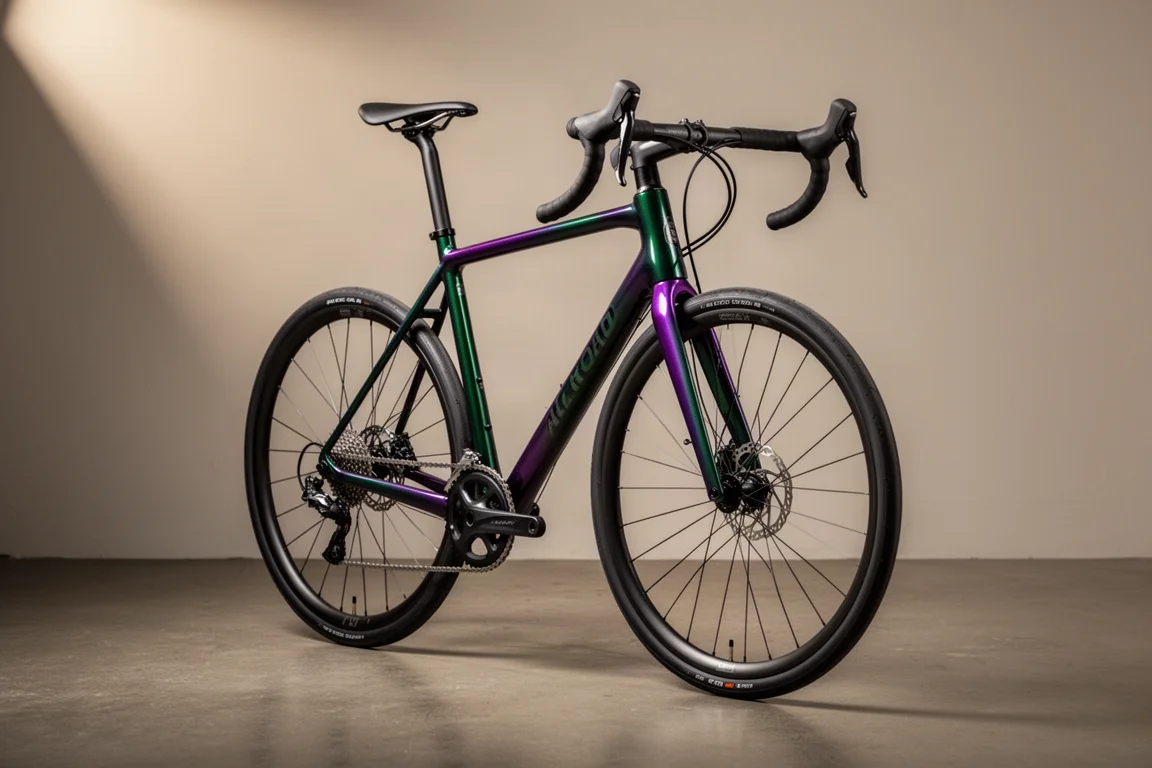Carbon allroad road bike with flip paint finish standing on a matte concrete floor