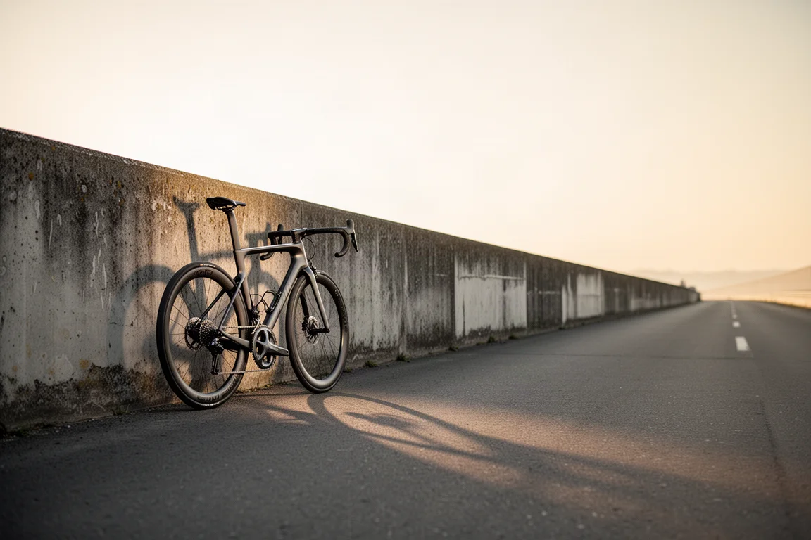 Modern carbon road bike leaning against a concrete wall in soft morning light