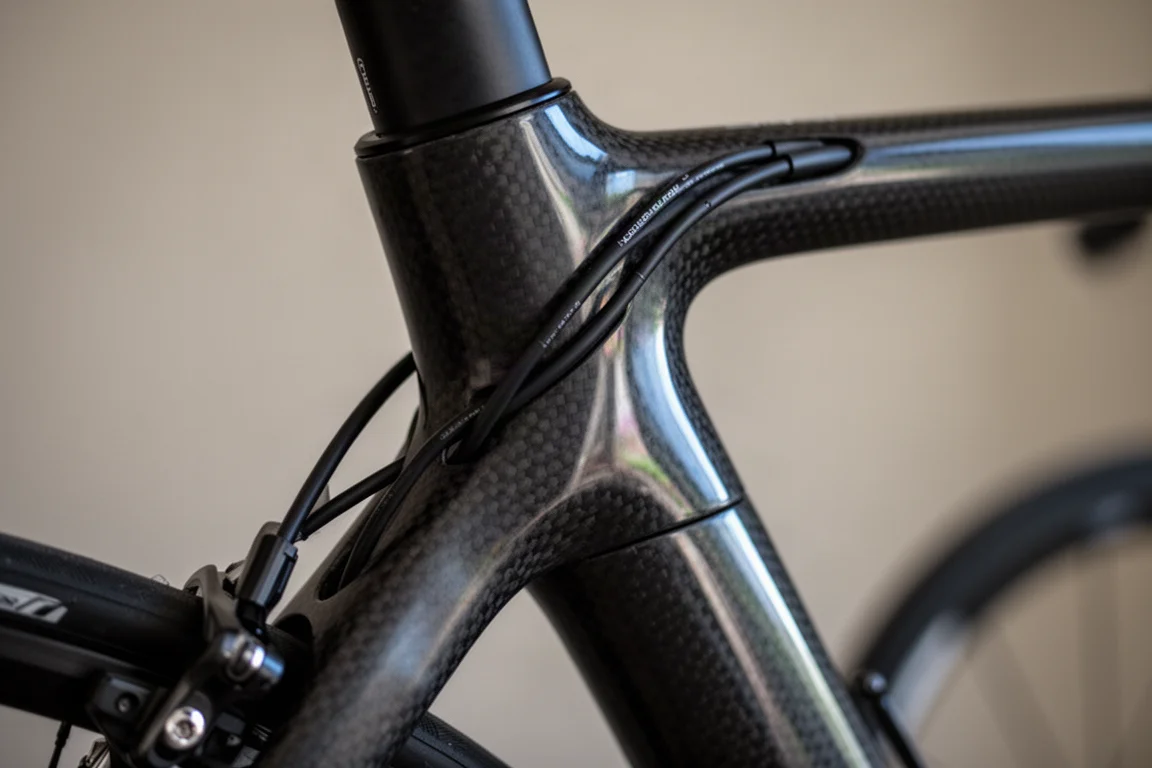Close-up of a road bike frame junction showing clean integrated cable routing