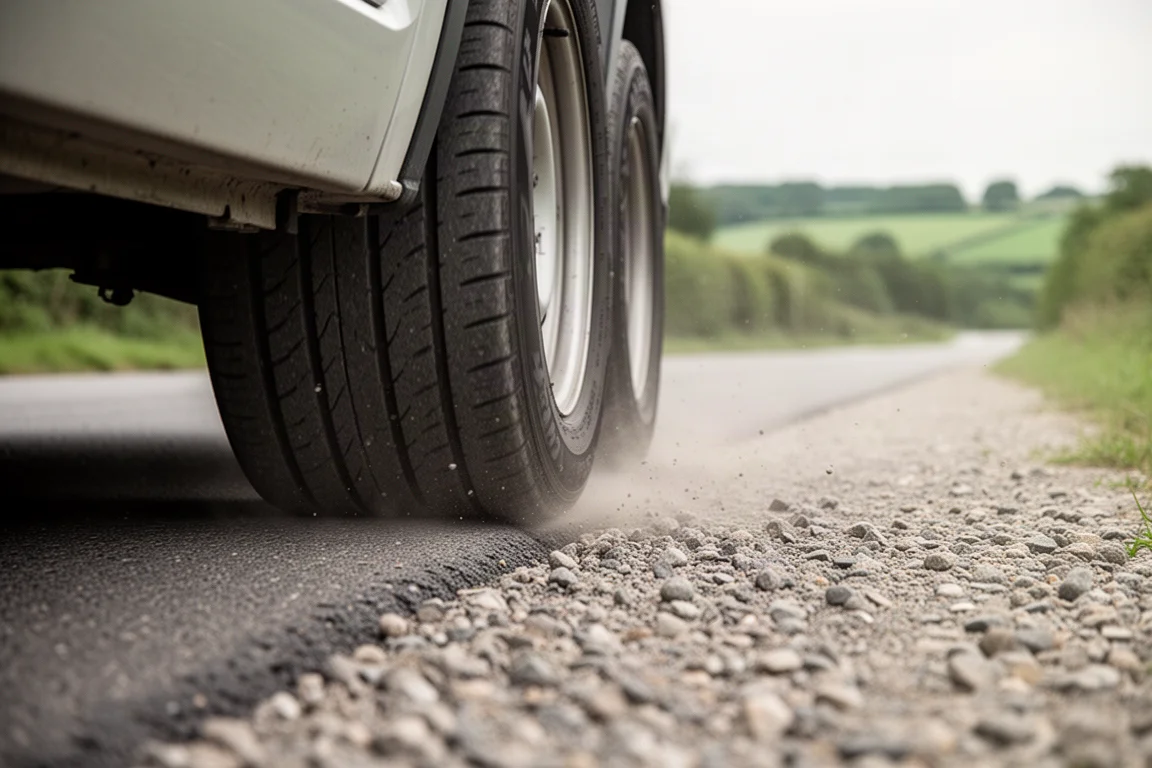 Wide road tires on a gravel shoulder beside an open country road