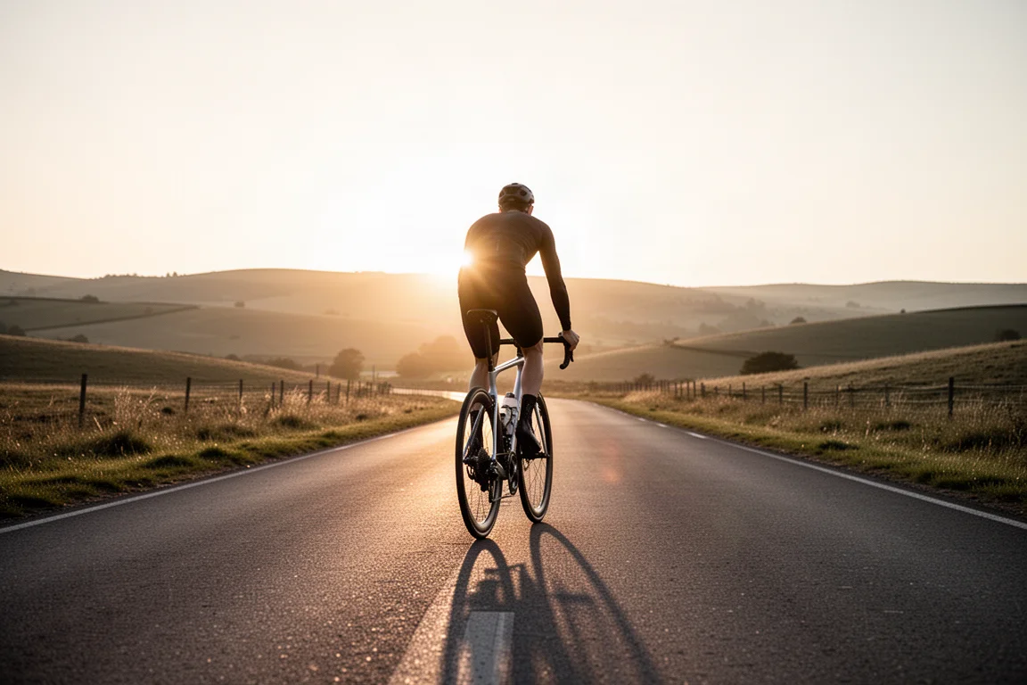 Cyclist riding a road bike on an open road at golden hour