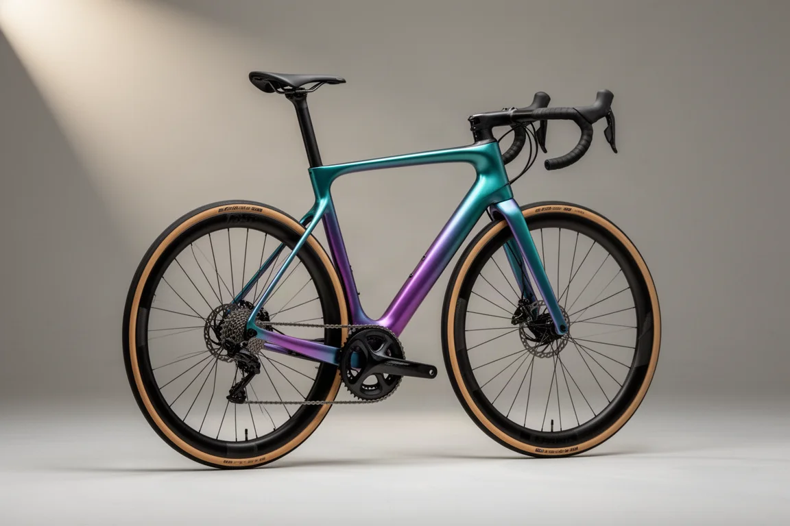 Modern carbon road bike with iridescent frame finish on a neutral grey studio backdrop