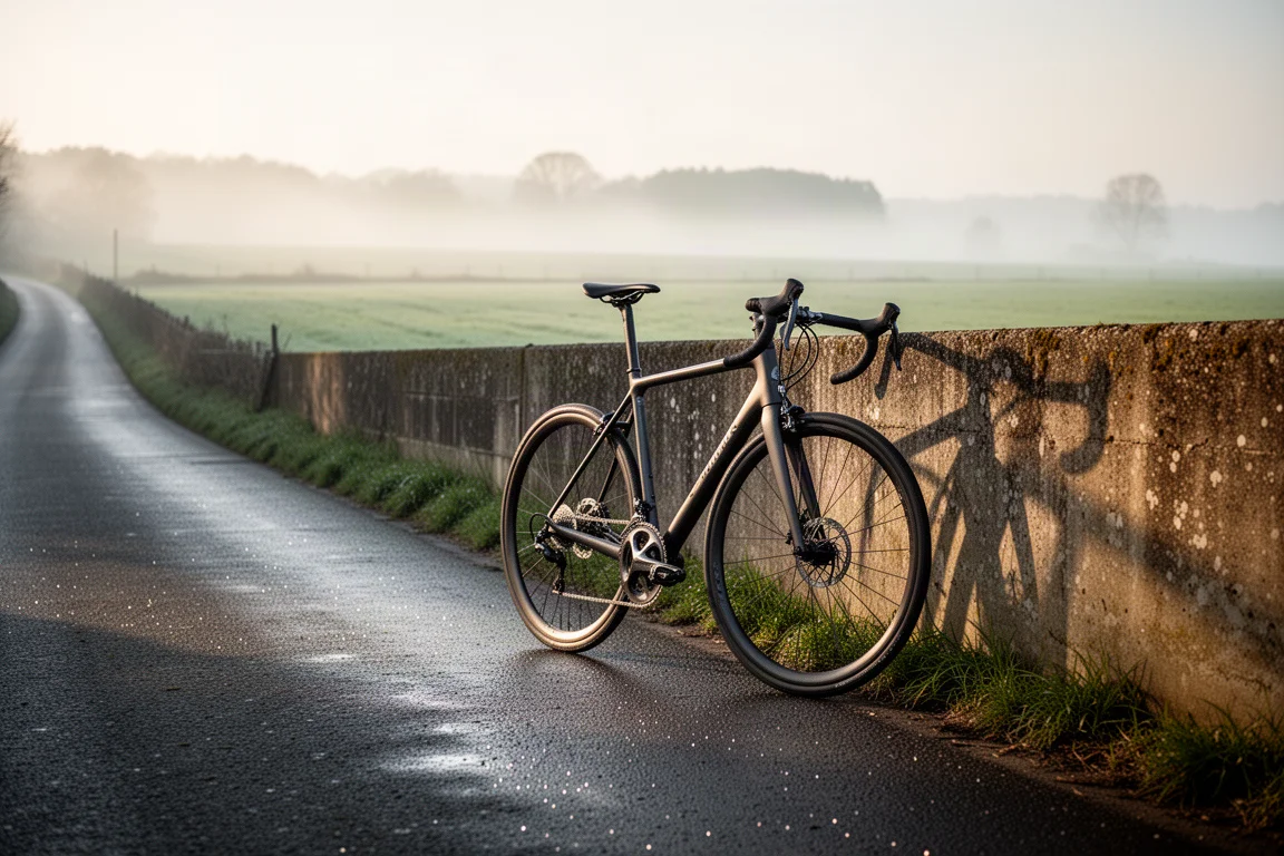 Bici da strada appoggiata a un muro di cemento su una strada di campagna nebbiosa all'alba