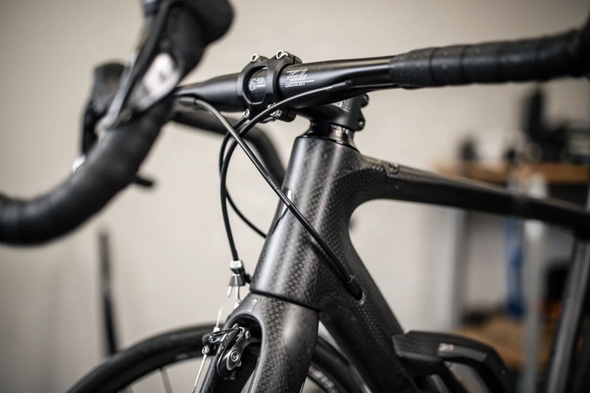 Primo piano del passaggio di un tubo freno nella testa di una bici da strada
