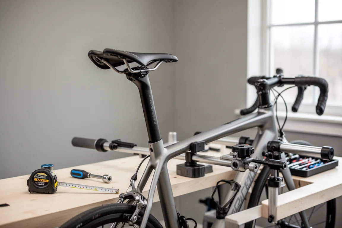 Bici da strada in una dima di bike fit con attrezzi su un banco da officina