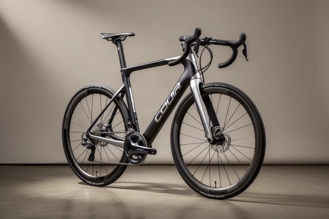 Modern carbon road bike with hidden cables and silver decals on a neutral grey backdrop