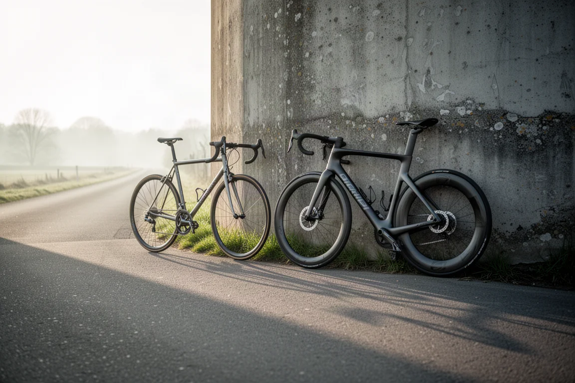 Vintage and modern road bikes leaning against a concrete wall beside a country road