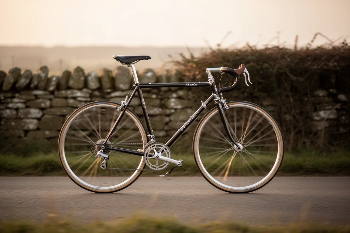 Vintage carbon road bike rolling along a rural road at golden hour