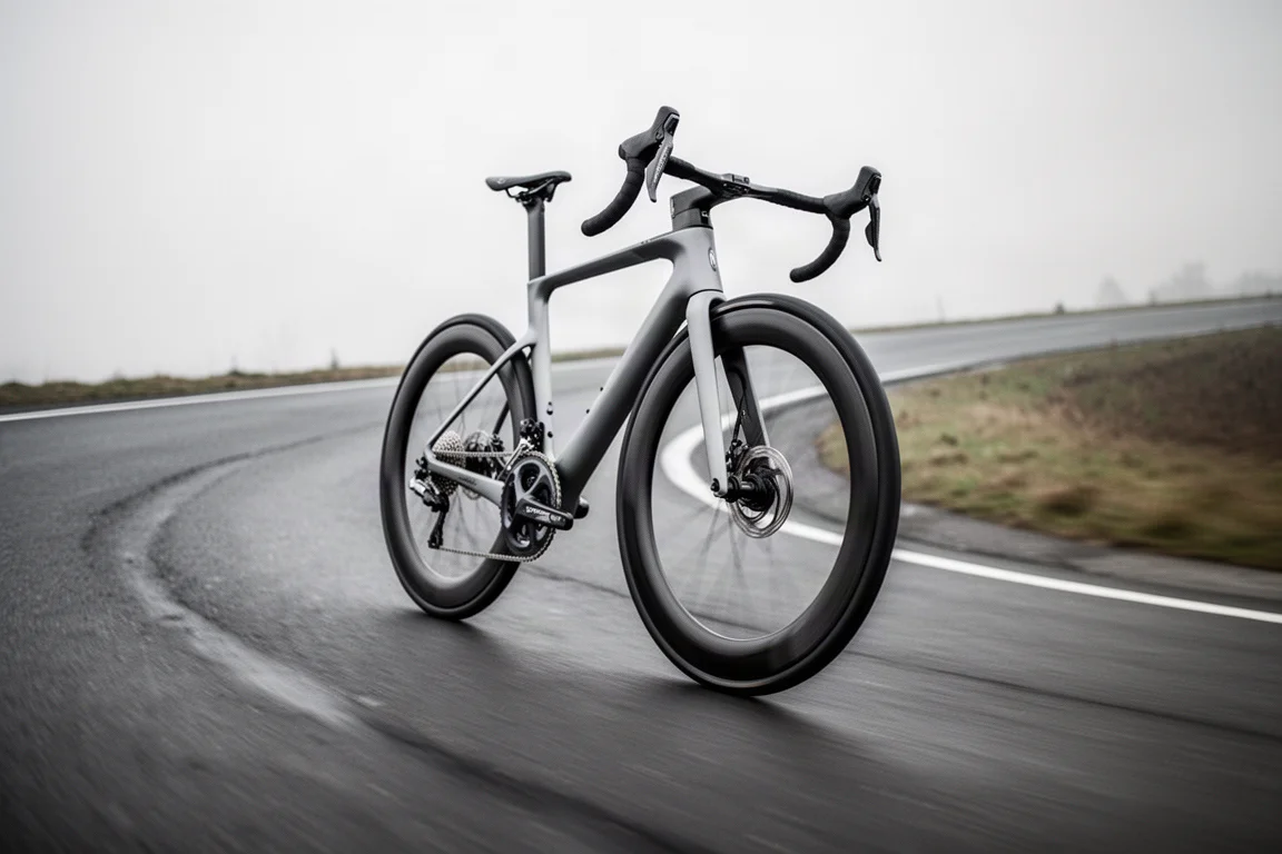 Modern aero road bike cornering fast on tarmac in overcast light