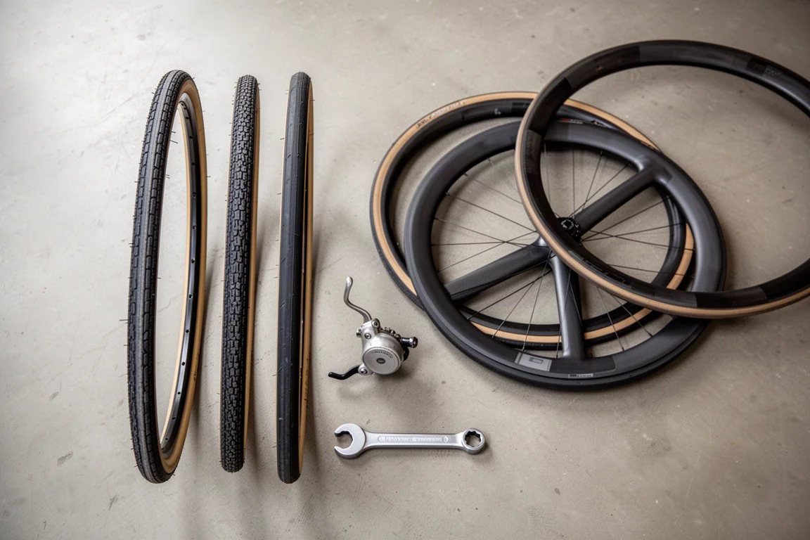 Overhead flat-lay of cycling components including tires, a shifter and a torque wrench