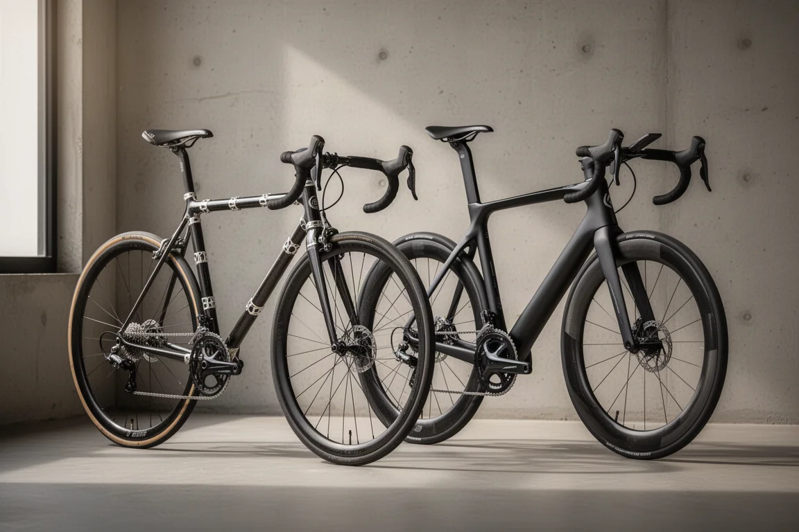 Bici da corsa in carbonio vintage e bici da corsa aero moderna affiancate sul cemento