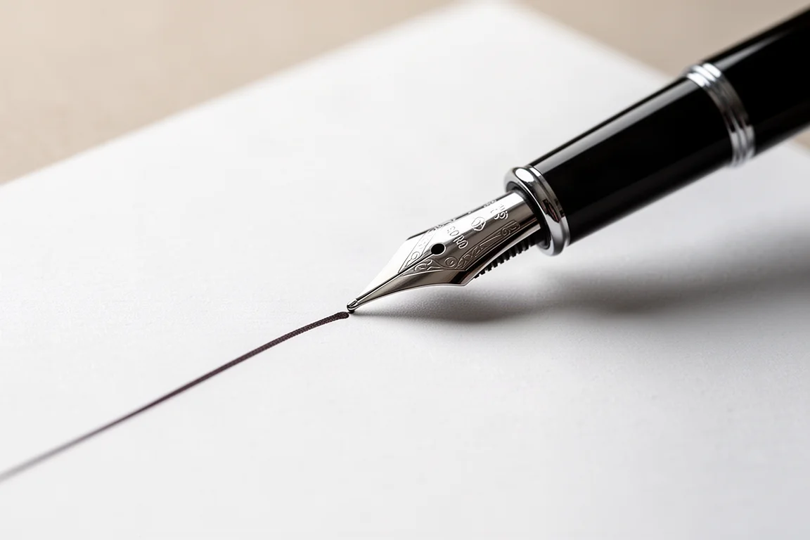 Tinta de caneta-tinteiro deslizando sobre papel de caderno liso