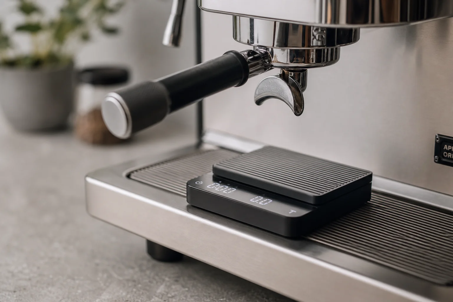 Espresso machine with a portafilter positioned over a coffee scale