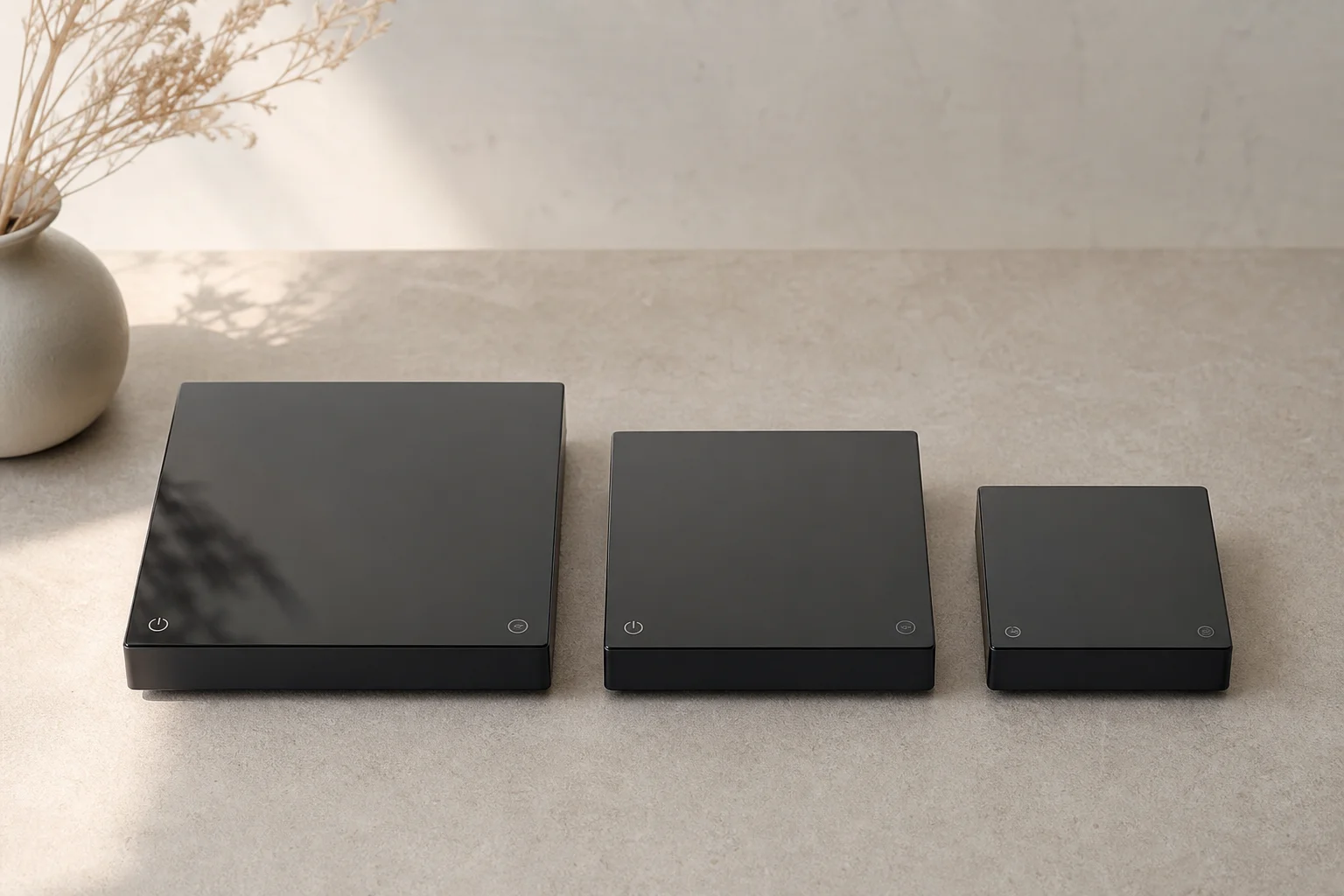 Three coffee scales of different sizes displayed side by side on a workspace