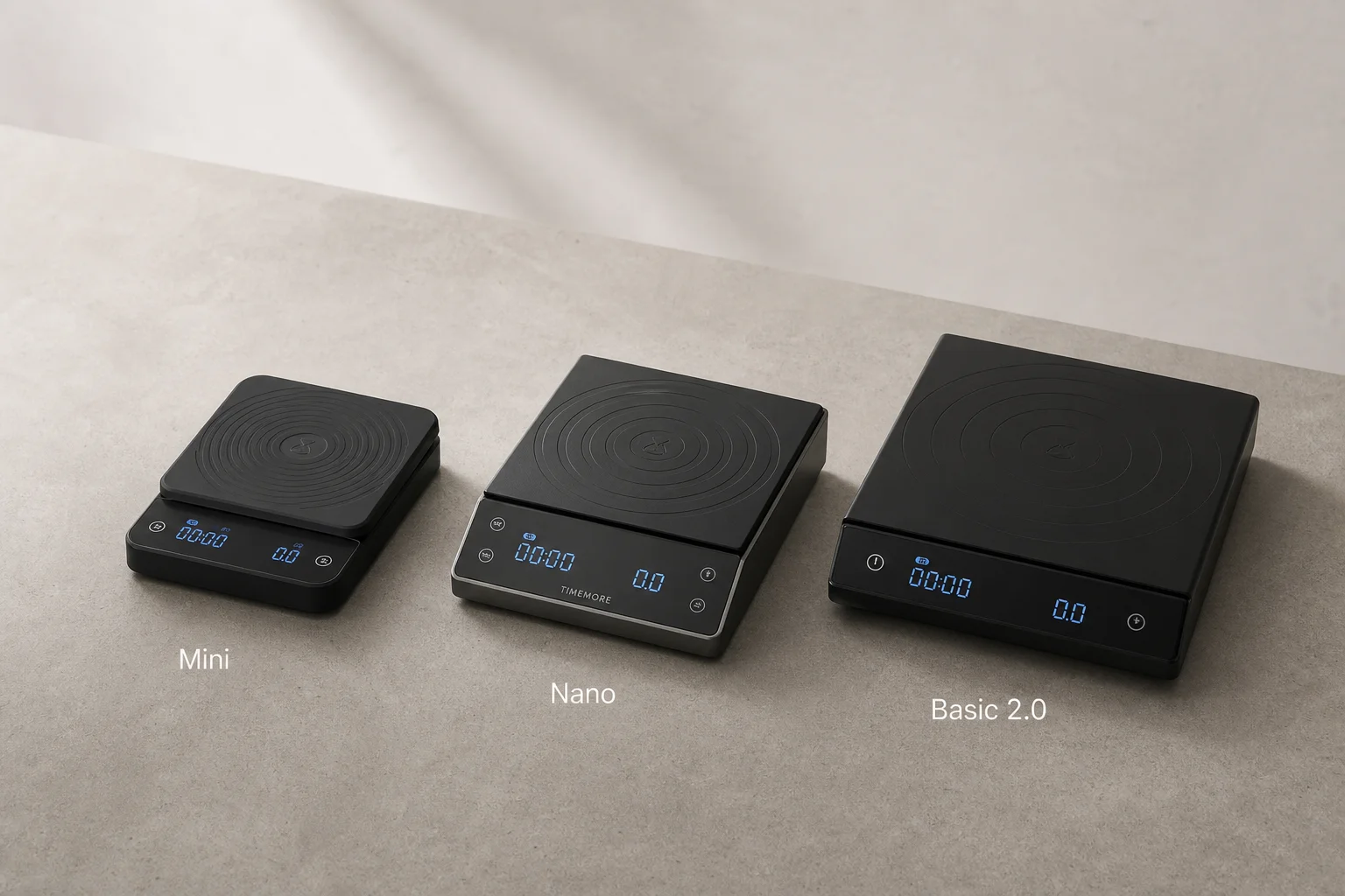 Three Timemore Black Mirror coffee scales in Mini, Nano, and Basic 2.0 sizes arranged on concrete