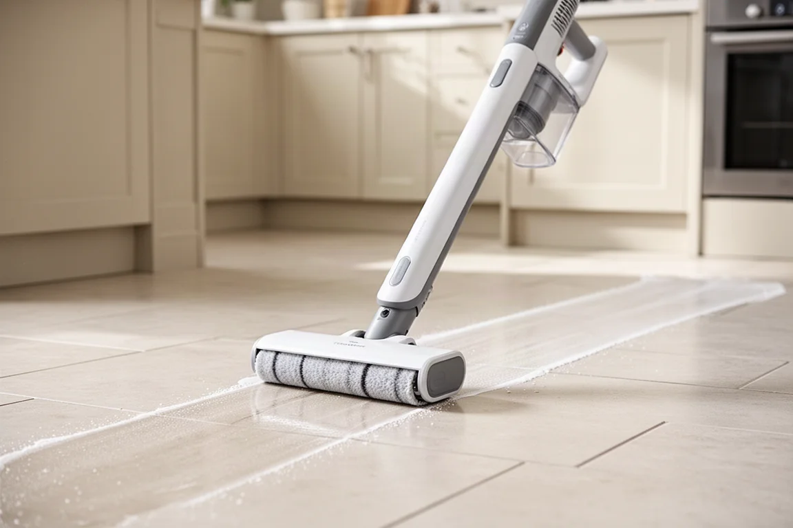 Cordless hard floor cleaner gliding across a tiled kitchen floor with a soft roller brush