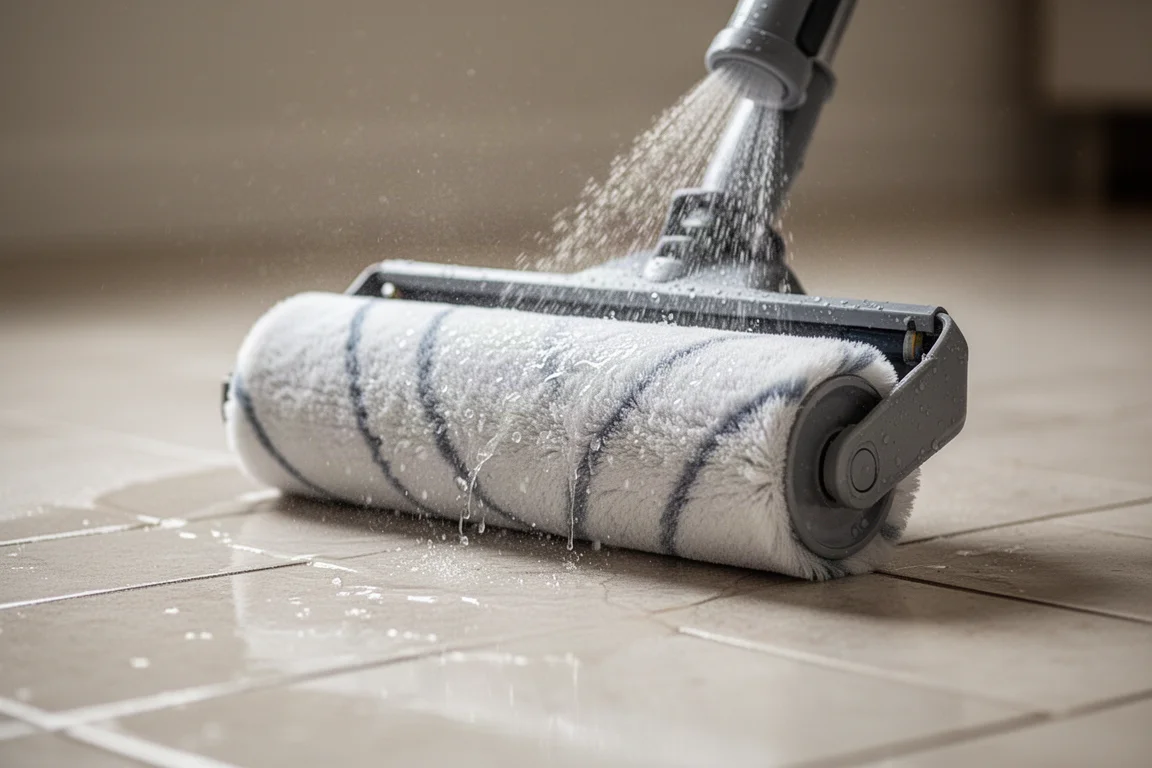 Close-up of the soft roller brush being sprayed with clean water while mopping