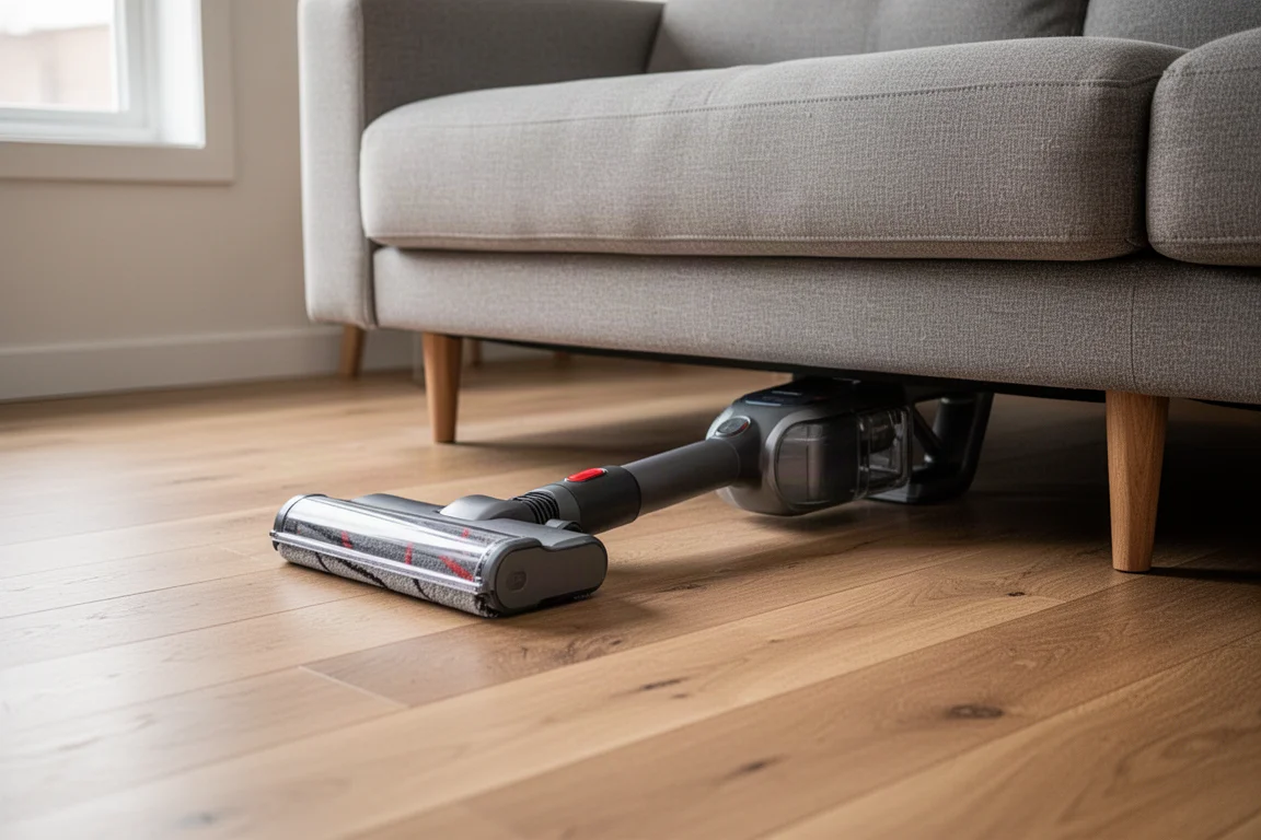 Hard floor cleaner laying fully flat to reach under low furniture