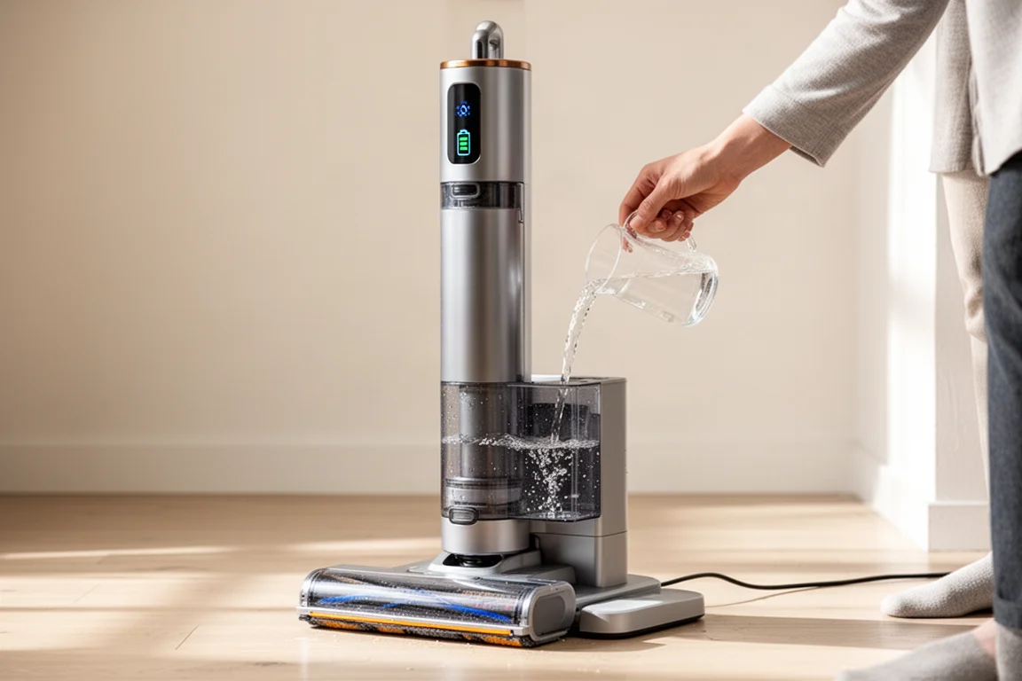Hard floor cleaner docked on its self-cleaning base with a clean water tank being filled