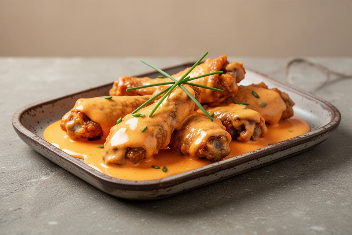 Buffalo 醬汁裹著雞翅,帶有乳橘色光澤
