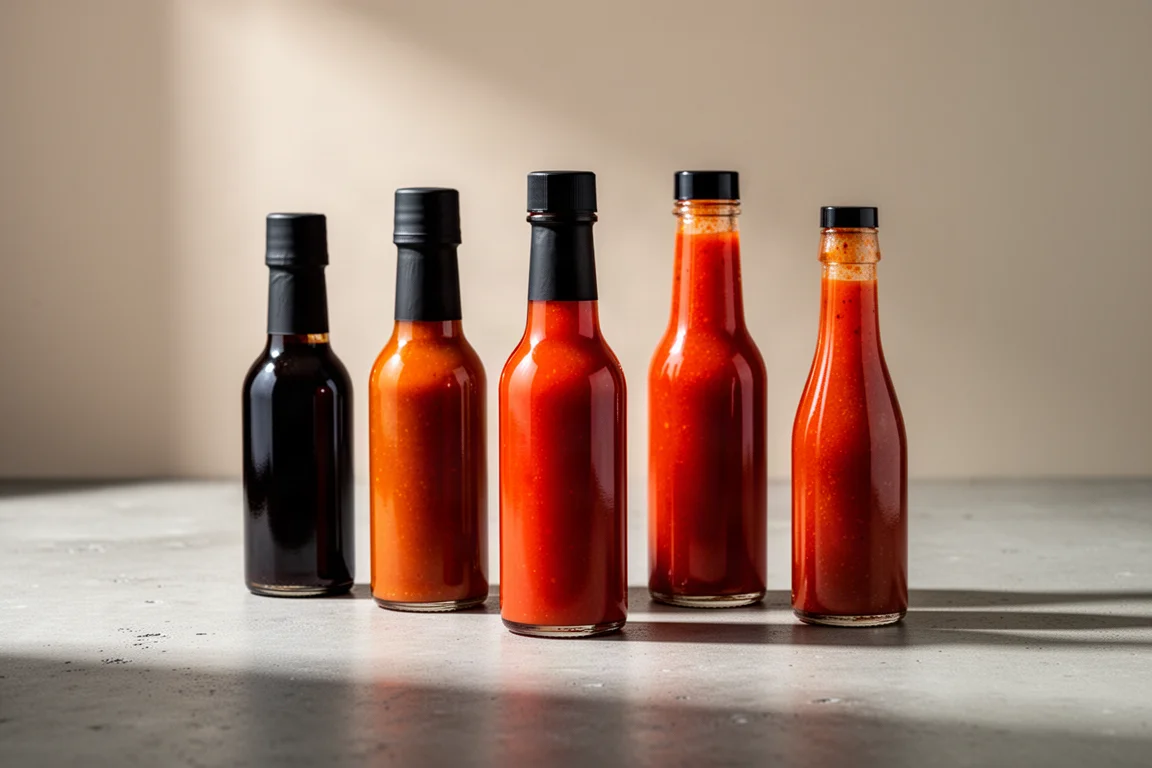 Fünf verschiedene Hot-Sauce-Flaschen auf einer Betonoberfläche arrangiert