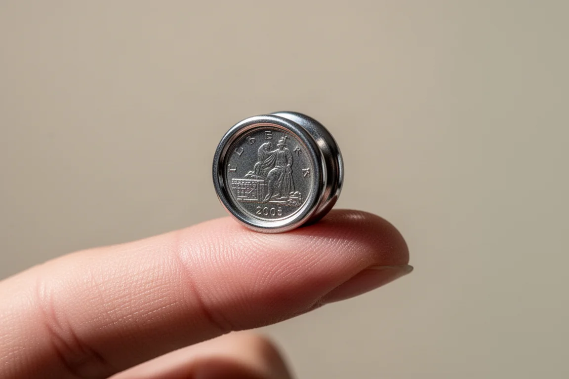 Pequeño yo-yo apoyado en la punta de un dedo como referencia de escala sobre un fondo neutro