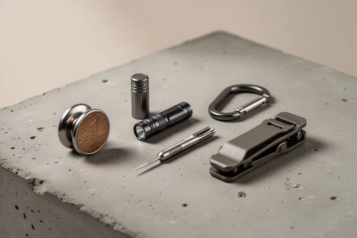 Ansammlung von Miniatur-Everyday-Carry-Objekten, arrangiert auf einer Betonoberfläche