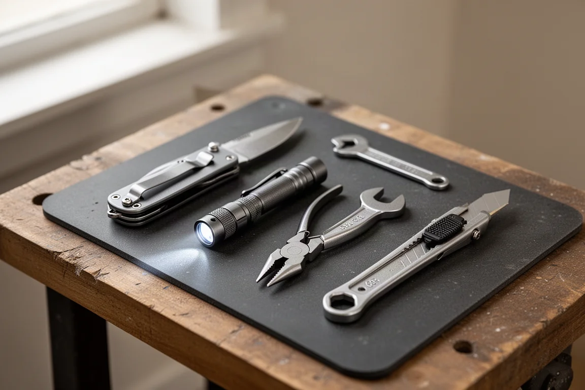 Flat-lay of miniature hand tools including a folding knife, flashlight, and pliers on a dark workbench