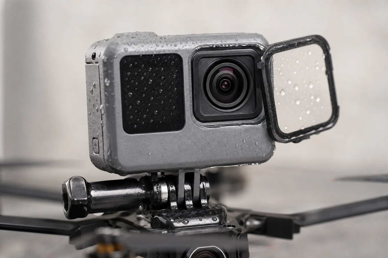 Insta360 GO 2 Kamera an einer FPV-Drohne montiert, mit sichtbarer abnehmbarer Linsenabdeckung