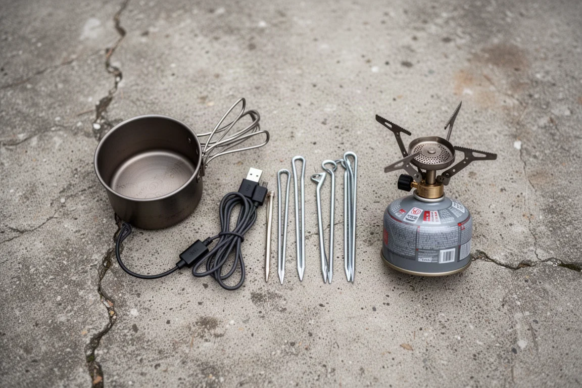 Vue à plat de petits accessoires ultralégers de bivouac sur une surface en béton