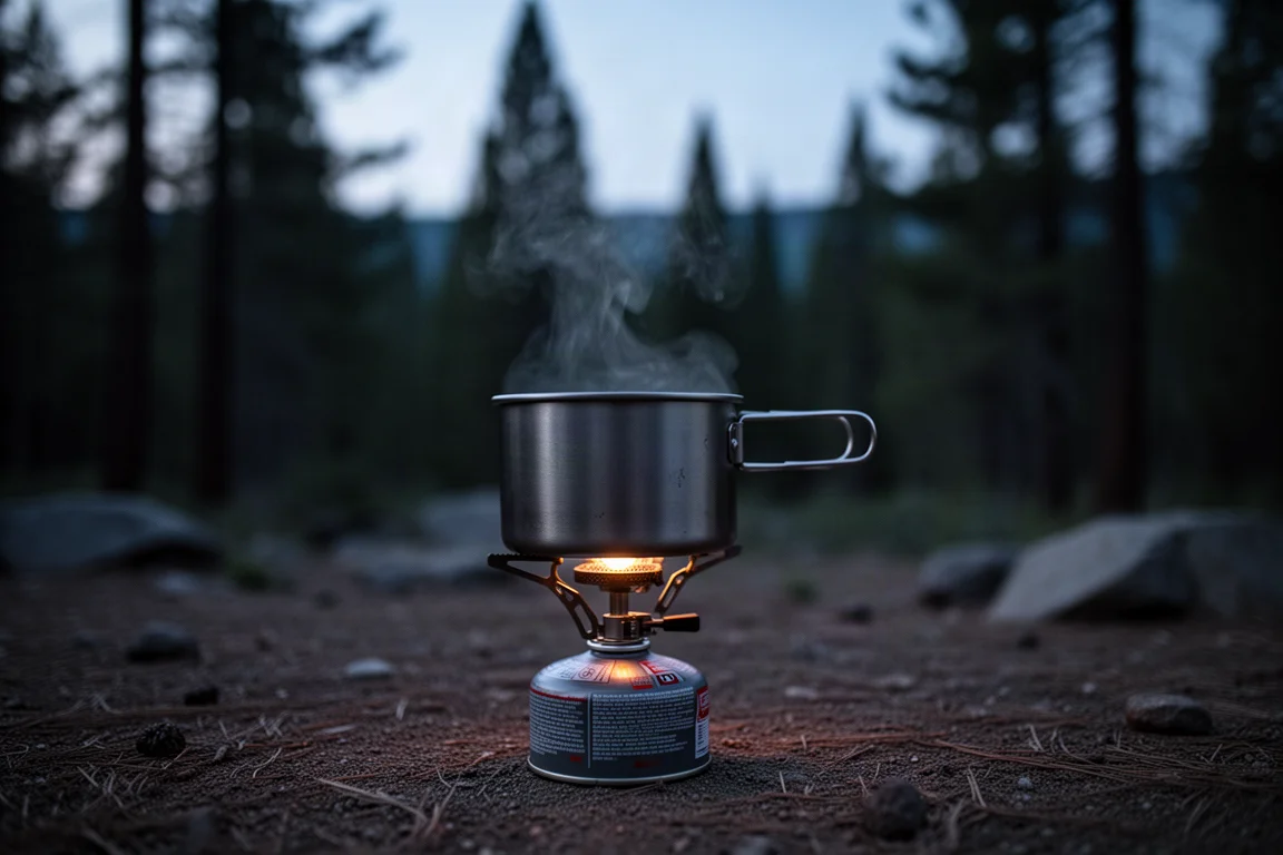 Petite popote en titane fumante sur un réchaud à cartouche dans un bivouac au crépuscule