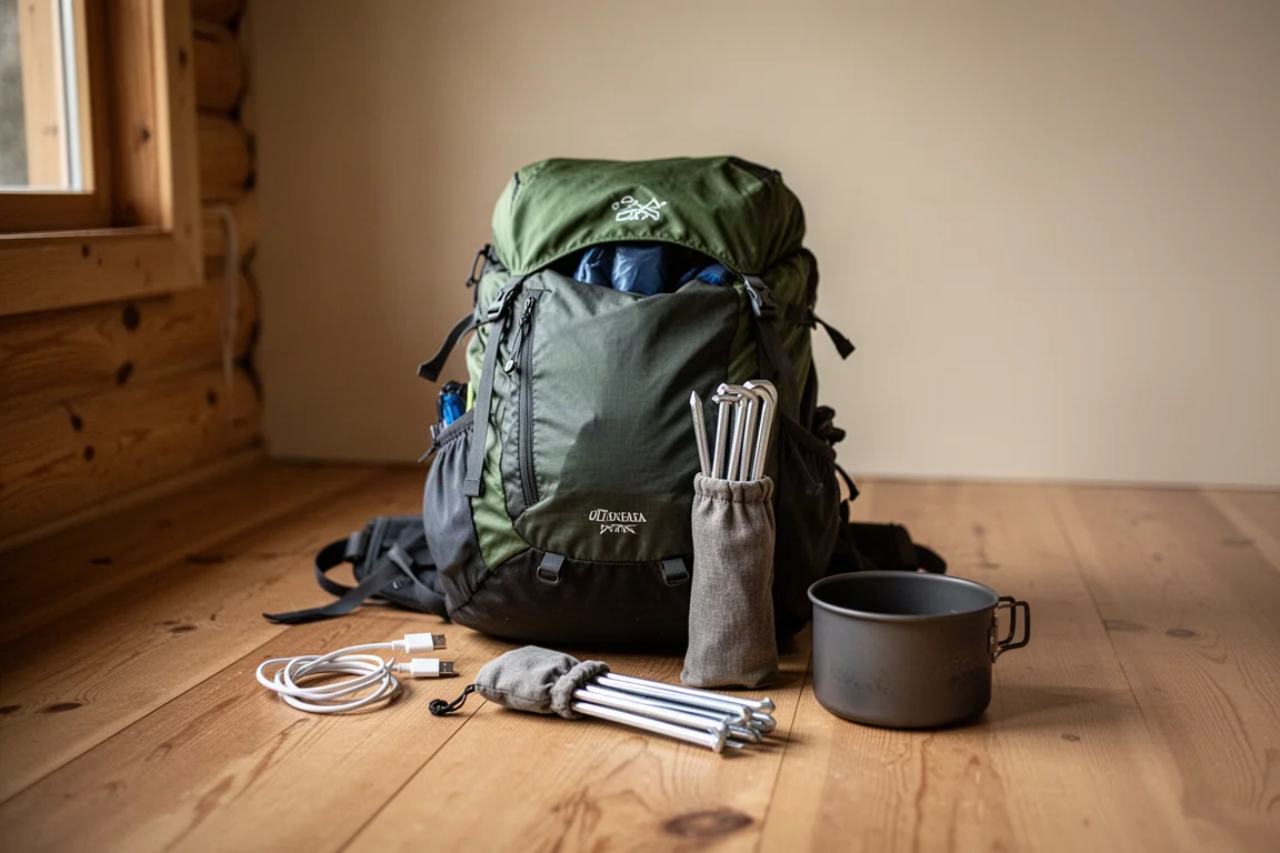 Sac à dos ultraléger partiellement rempli entouré de petits accessoires posés sur un sol