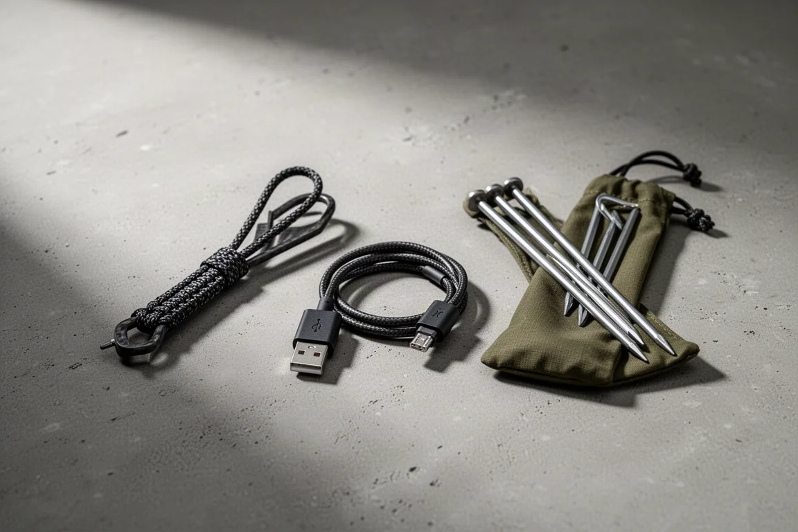 Three small ultralight backpacking accessories arranged on a matte concrete surface
