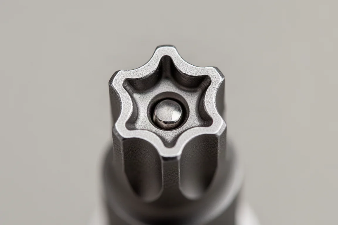 Close-up of a Torx security bit tip showing crisp machined star points
